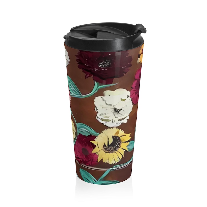 side view of surprise piano floral design on eras travel mug