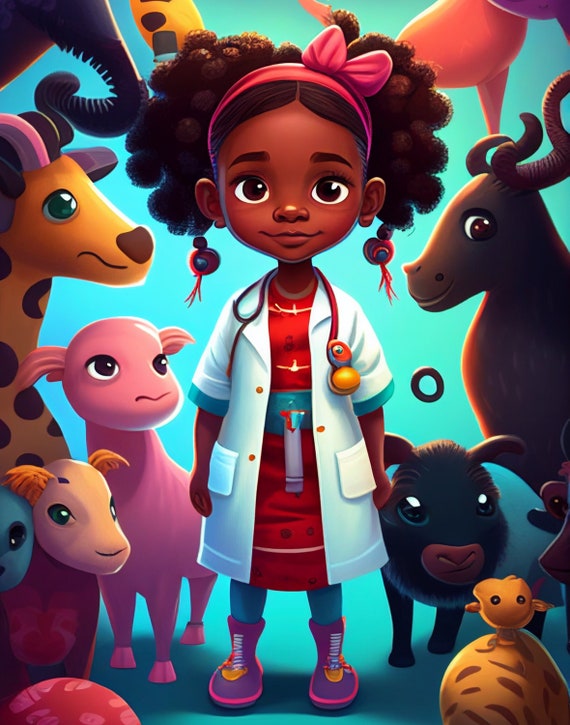 Black Doctor Girl Inspiring Art for Kids Veterinarian Girl Animal