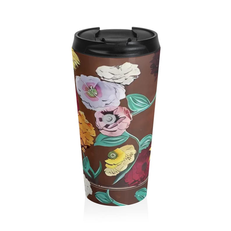 front close up of piano flower surprise song design on swifty travel mug