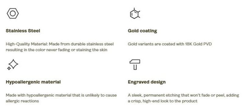 Peut inclure: Graphique informatif avec du texte d&eacute;crivant les caract&eacute;ristiques du produit. Le texte met en &eacute;vidence l'acier inoxydable, le placage or, les mat&eacute;riaux hypoallerg&eacute;niques et la gravure. Les descriptions mettent l'accent sur la durabilit&eacute; et l'esth&eacute;tique haut de gamme.