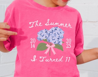 Custom 11th Birthday Shirt, Comfort Color Summer I Turned 11 Bday Party Tee, Floral Beach 11th Birthday Gift, Coastal Hydrangea Birthday Top