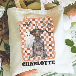 May include: Cream-colored tote bag featuring a Halloween-themed design. The design includes a dog wearing a witch hat and cape, a ghost, bats, and a spiderweb over a checkered background. The name "CHARLOTTE" is printed at the bottom.