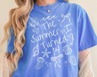 Custom 14th Birthday Girl Shirt, Comfort Colors Summer I Turned 14 Tee, Pretty Teen Bday Party Tee, Coastal Seashell Birthday Outfit