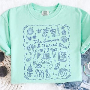 12th Birthday Shirt, Comfort Colors Summer I Turned 12 Bday Party Tee, Custom Twelfth Birthday Gift, Coastal Beach Summer Preteen Birthday