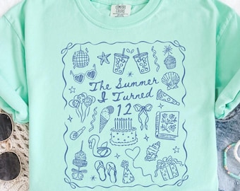 12th Birthday Shirt, Comfort Colors Summer I Turned 12 Bday Party Tee, Custom Twelfth Birthday Gift, Coastal Beach Summer Preteen Birthday