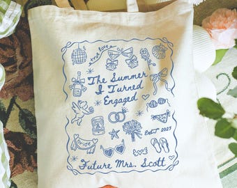 Summer I Turned Engaged Tote Bag, Pretty Engagement Gift, Engaged Girl Summer, Something Blue Future Mrs Bride Beach Bag, Bridal Shower Gift