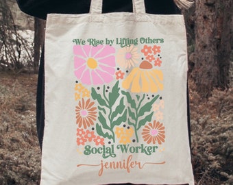 Custom School Social Worker Gift, Flower Social Work Tote Bag, Retro Social Worker Grocery Bag, Counselor Team Gift, Teacher Appreciation