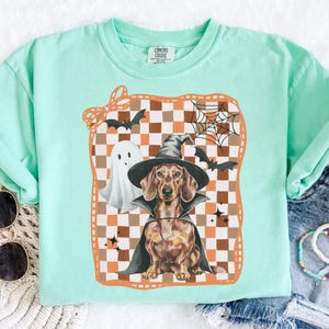 May include: A mint green t-shirt with a Halloween graphic. The design features a dachshund in a witch hat and cape, a ghost, bats, and a spiderweb. The graphic is set against a checkered orange and brown background.