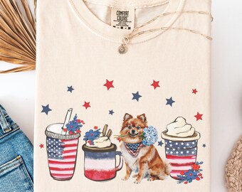 Patriotic Pomeranian July 4th Shirt, Comfort Colors Independence Memorial Day Dog Mom Tee, Coffee Lover American Flag Pomeranian Lover Gift