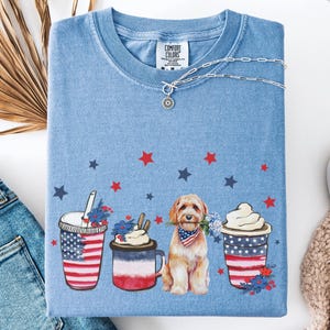 Patriotic Cavapoo July 4th Shirt, Comfort Colors Independence Memorial Day Dog Mom Tee, Coffee Lover Top, American Flag Cavapoo Lover Gift