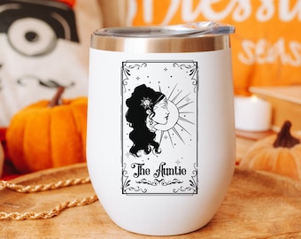 The Auntie Wine Tumbler, Fall Tarot Card Auntie Coffee Mug, Witchy Aunt Pregnancy Reveal, Gothic Promoted to Auntie Gift, New Auntie Tumbler