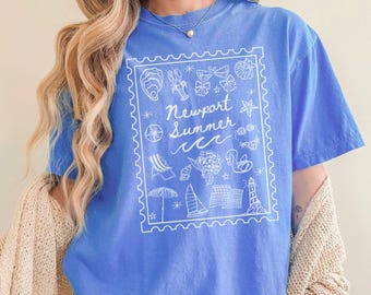 Newport Summer Shirt, Comfort Color Coquette East Coast Seashell Tee, Vintage Rhode Island Coastal Beach Top, New England Friend Gift