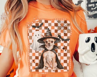 Halloween Chihuahua Shirt, Comfort Colors Ghost Dog Checkered Tee, Spooky Season Chihuahua Pet Lover Gift, Fall Chihuahua Dog Mom Witch Top