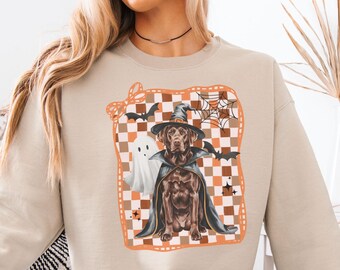 Halloween Chocolate Lab Sweatshirt, Ghost Dog Checkered Crewneck, Spooky Season Labrador Pet Lover Gift, Fall Lab Dog Mom Witch Sweater
