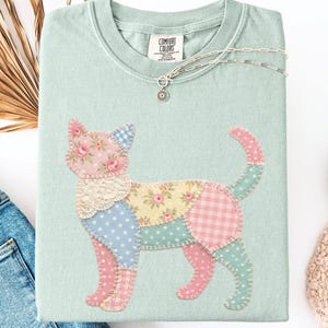 Faux Patchwork Cat Shirt, Comfort Colors Floral Cottagecore Cat Lover Tee, Spring Gingham Polka Dot Vet Tech Gift