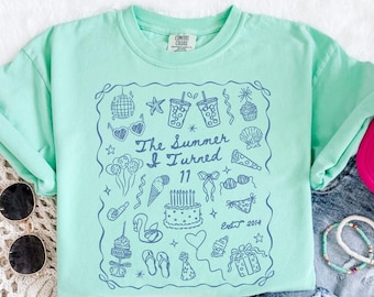 11th Birthday Shirt, Comfort Colors Summer I Turned 11 Bday Party Tee, Custom Eleventh Birthday Gift, Coastal Beach Summer Preteen Birthday