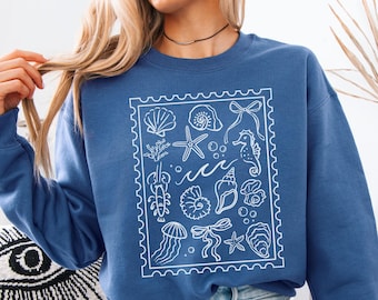 Coastal Seashell Sweatshirt, Coquette Summer Shell Bow Crewneck, Blue Monochromatic Beach Sweater, Watercolor Tropical Shellfish Gift
