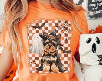 Halloween Yorkie Shirt, Comfort Colors Ghost Dog Checkered Tee, Spooky Season Yorkie Pet Lover Gift, Cozy Fall Yorkie Dog Mom Witch Top