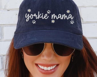 Floral Yorkie Dog Mom Corduroy Embroidered Hat, Daisy Dog Baseball Cap, Yorkshire Terrier Dog Lover Gift, Flower Embroidery Vet Tech Gift