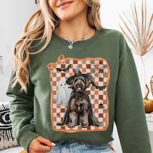 Halloween Golden Doodle Sweatshirt, Ghost Dog Checkerboard Crewneck, Spooky Season Doodle Lover Gift, Cozy Fall Doodle Dog Mom Witch Sweater