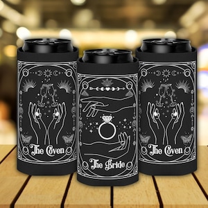 Tarot Bride Coven Slim Can Cooler Custom Bridesmaid Proposal Gift Spooky Witchy Bachelorette Favor Skinny Beer Cozies Beer Hugger Soda Cozy