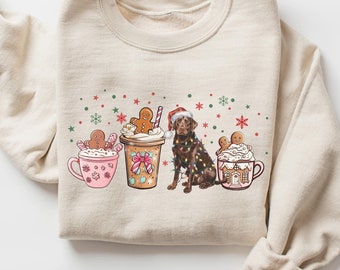 Christmas Coffee Chocolate Lab Sweatshirt, Gingerbread Chocolate Labrador Retriever Dog Mom Crewneck, Xmas Holiday Chocolate Lab Lover Gift