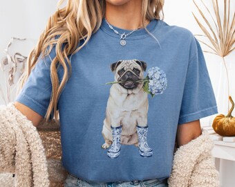 Floral Pug Shirt, Comfort Colors Pug Toile Tee, Chinoiserie Pug Lover Gift, Coquette Pug Teacher TShirt, Flower Dog Mom Mothers Day