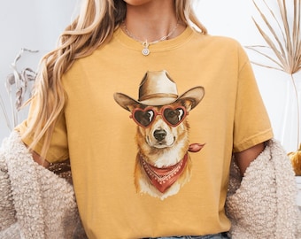 Funny Corgi Western Shirt, Comfort Color Corgi Cowboy Hat Tee, Country Corgi Lover Gift, Retro Sunglasses Corgi Dog Wild West Teacher TShirt