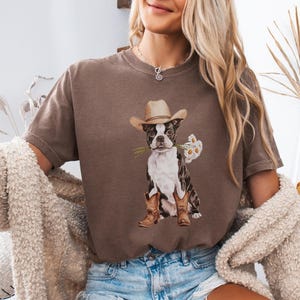 Floral Boston Terrier Western Shirt, Comfort Color Boston Cowboy Boots Tee, Country Boston Dog Lover Gift, Wild West Teacher Dog Mom TShirt