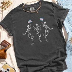 Subtle Trans Pride Shirt, Trans Comfort Colors Tshirt, Transgender Pride Tee, Goth Dancing Skeleton Spooky Subtle Transgender Flag Top
