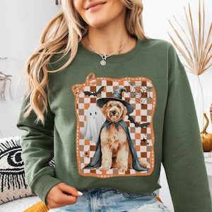 Halloween Golden Doodle Sweatshirt, Ghost Dog Checkerboard Crewneck, Spooky Season Doodle Lover Gift, Cozy Fall Doodle Dog Mom Witch Sweater