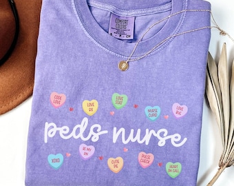 Peds Nurse Valentine Day Shirt, Comfort Colors Conversation Heart Pediatric Nurse Team Crewneck Tee, Coquette Vday Pediatric Nurse Gift