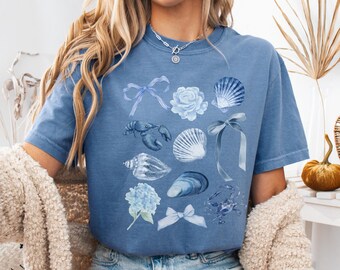 Coastal Seashell Shirt, Comfort Colors Coquette Summer Shell Bow Tee, Blue Monochromatic Beach Crewneck, Watercolor Tropical Shellfish Gift