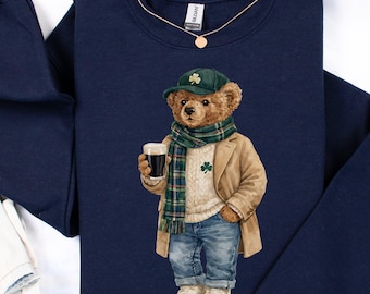 Lucky Teddy Bear St Patricks Day Sweatshirt, Preppy Irish Beer Lover Crewneck, Plaid Shamrock Bear Pub Crawl Sweater, Trendy Teddy Bear Gift