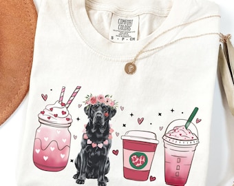 Black Lab Valentine Day Shirt, Coffee Lover Comfort Color Black Labrador Tee, Floral Vday Black Lab Lover Gift, Valentine Black Lab Crewneck