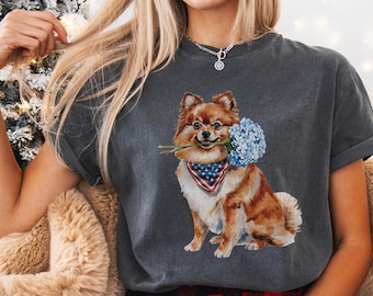 Patriotic Pomeranian 4th of July Shirt, Comfort Color Independence Day Tee, American Flag Pom Pom Lover Gift, July Fourth Floral Dog Mom Top