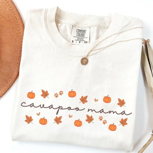 May include: A cream colored t-shirt with the text "cavapoo mama" in brown lettering. The text is surrounded by small orange pumpkins, brown leaves, and paw prints.
