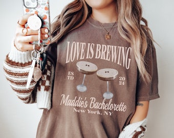 Custom Love is Brewing Shirt, Espresso Martini Bachelorette Tshirt, Comfort Color Coffee Tee, Cozy Fall Cocktail Crewneck, Custom Bride Gift