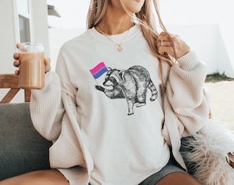 Funny Bisexual Pride Shirt, Raccoon Bi Pride Flag Tshirt, Comfort Colors LGBTQ Racoon Tee, Coming Out Gift, Subtle Bi Pride Parade Crewneck