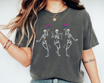 Spooky Season Subtle Bi Pride Shirt Comfort Colors tshirt bisexual pride outfit subtle funny goth dancing skeleton Halloween bisexual flag