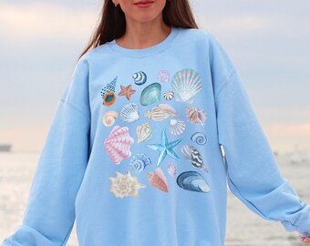 Beachy Seashell Sweatshirt, Coastal Grandma Shell Crewneck, Aesthetic Starfish Shirt, Ocean Surf Sweater, Oversized Cottagecore Coverup