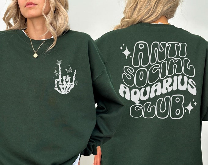Antisocial Aquarius Club Sweatshirt, Retro Zodiac Birthday Gift, Aquarius Sweater, 90s Celestial Astrology Gift, Witchy Best Friend Crewneck