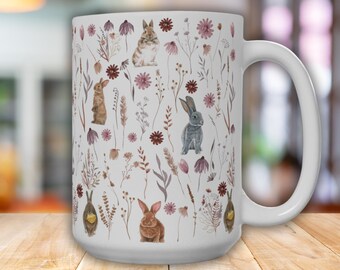 Flower Rabbit Mug, Floral Bunnies Tumbler, Wildflower Wildlife Coffee Cup, Bunny Lover Best Friend Gift, Hare Tea Cup Birthday Gift for Mom