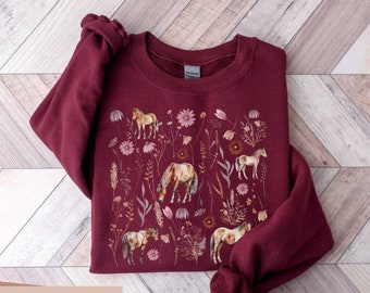 Youth Floral Horse Sweatshirt, Wildflower Horse Girl Crewneck, Child Pressed Flower Equestrian Sweater, Horse Lover Gift, Horse Riding Top