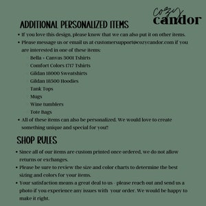 May include: Text on a green background lists additional personalized items like t-shirts, sweatshirts, hoodies, tank tops, mugs, wine tumblers, and tote bags. The text also includes shop rules about returns and exchanges.