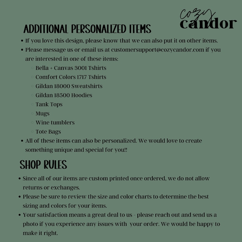 May include: Text on a green background lists additional personalized items like t-shirts, sweatshirts, hoodies, tank tops, mugs, wine tumblers, and tote bags. The text also includes shop rules about returns and exchanges.