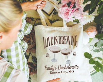 Love is Brewing Bridesmaid Proposal Tote Bag, Espresso Martini Bachelorette Tote, Tini Time Bridal Party Gift, Cocktail Girls Trip Beach Bag