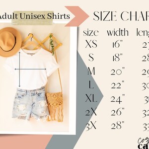 May include: Size chart for adult unisex shirts. The chart shows sizes XS through 3X with corresponding width and length measurements in inches.