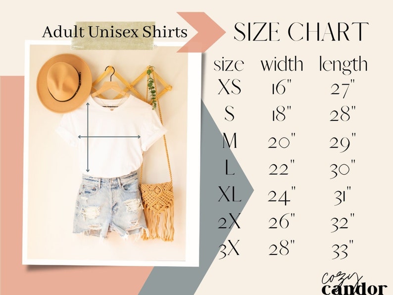 May include: Size chart for adult unisex shirts. The chart shows sizes XS through 3X with corresponding width and length measurements in inches.