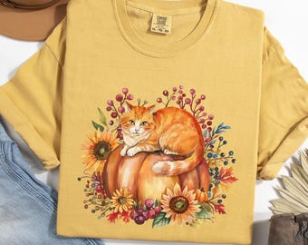 Fall Pumpkin Ginger Cat Shirt, Comfort Colors Thanksgiving Orange Cat Tee, Vintage Halloween Ginger Cat Crewneck, Autumn Cat Pet Lover Gift